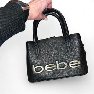 bebe Black Pebbled Leather Satchel with Gold Logo